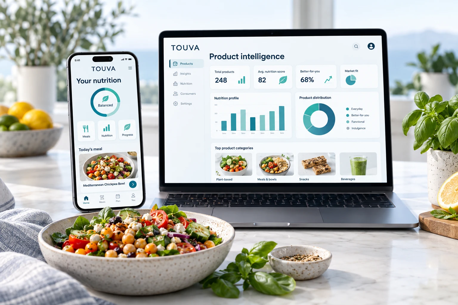 Nutrition platform alongside a fresh meal